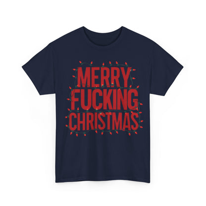 Merry Christmas Graphic T-Shirt Urban Unisex Cotton Tee in navy blue featuring the striking 'Merry F**king Christmas' message surrounded by festive strings of lights, a luxurious choice for Christmas celebrations.