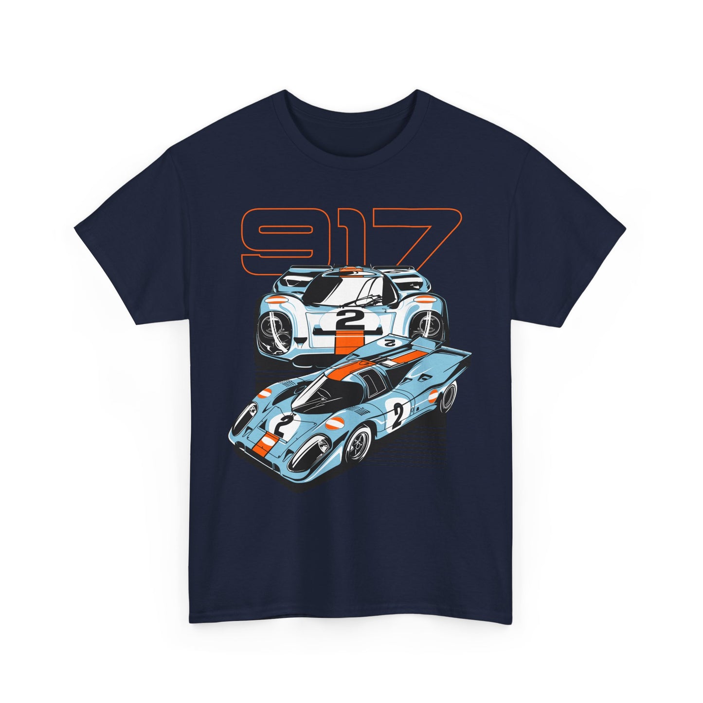 Stylish navy blue t-shirt featuring an artistic design of two Porsche 917 race cars, showcasing vintage racing style with striking orange accents.