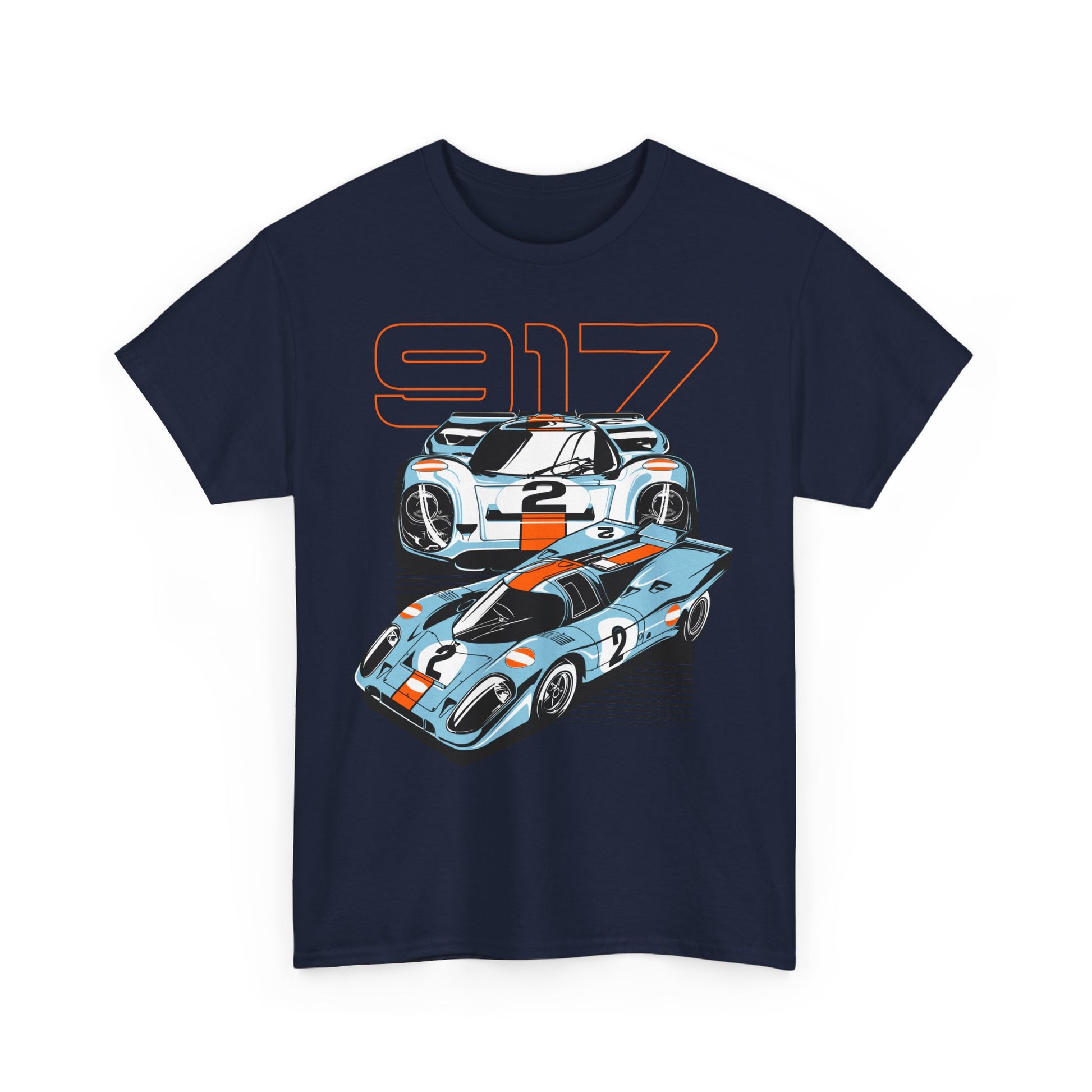 Stylish navy blue t-shirt featuring an artistic design of two Porsche 917 race cars, showcasing vintage racing style with striking orange accents.