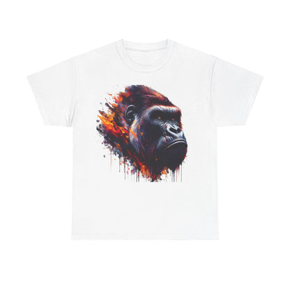 Harambe Masterpiece Graphic Unisex T-Shirt featuring a vibrant watercolor design illustrating the iconic gorilla in shades of burnt orange, deep purple, and red on a pristine white background.
