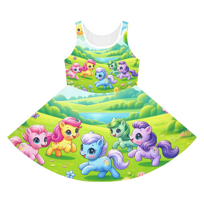 Lacey Primrose Girls Sundress featuring a vibrant pony print skirt designed by Dazzling Dreams Studio, showcasing colourful cartoon ponies amidst a beautiful flower-speckled meadow, perfect for toddler summer fashion.