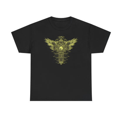 Elegant black men's t-shirt showcasing a unique graphic design of a decorative cross surrounded by stylized wings in luminous yellow-gold, perfect for making a bold fashion statement.
