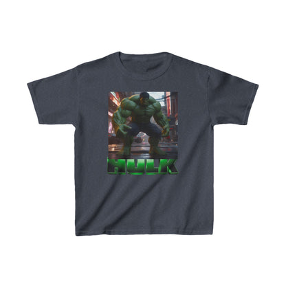 Kids Heavy Cotton Incredible Hulk T-Shirt - Dark grey variant featuring the impressive Hulk graphic, designed for comfort and long-lasting wear for little adventurers.