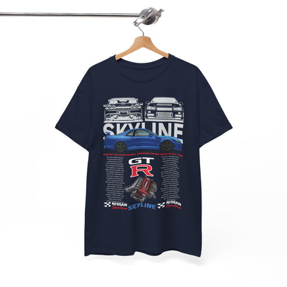 Stylish navy blue men's T-shirt displayed on a hanger, showcasing a detailed print of the Nissan Skyline GT-R with historical context, ideal for car enthusiasts.