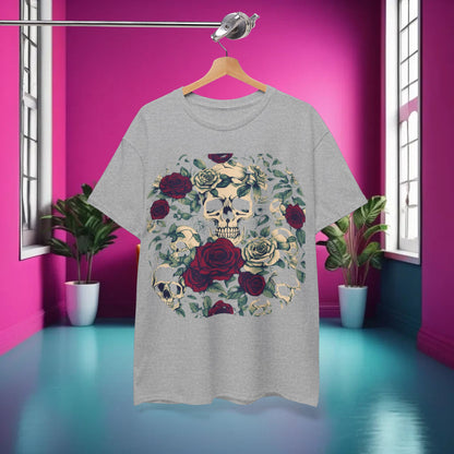 Luxurious Skulls and Roses Cotton Tee displayed on a hanger in a stylish pink room, showcasing an elegant steampunk design with skull and rose motifs.