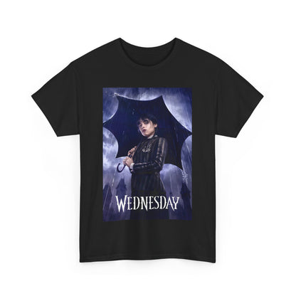 Stylish black unisex graphic tee showcasing the 'Wednesday' Embrace the Dark Elegance art, with a dramatic image of a character holding an umbrella in a dark ambiance.