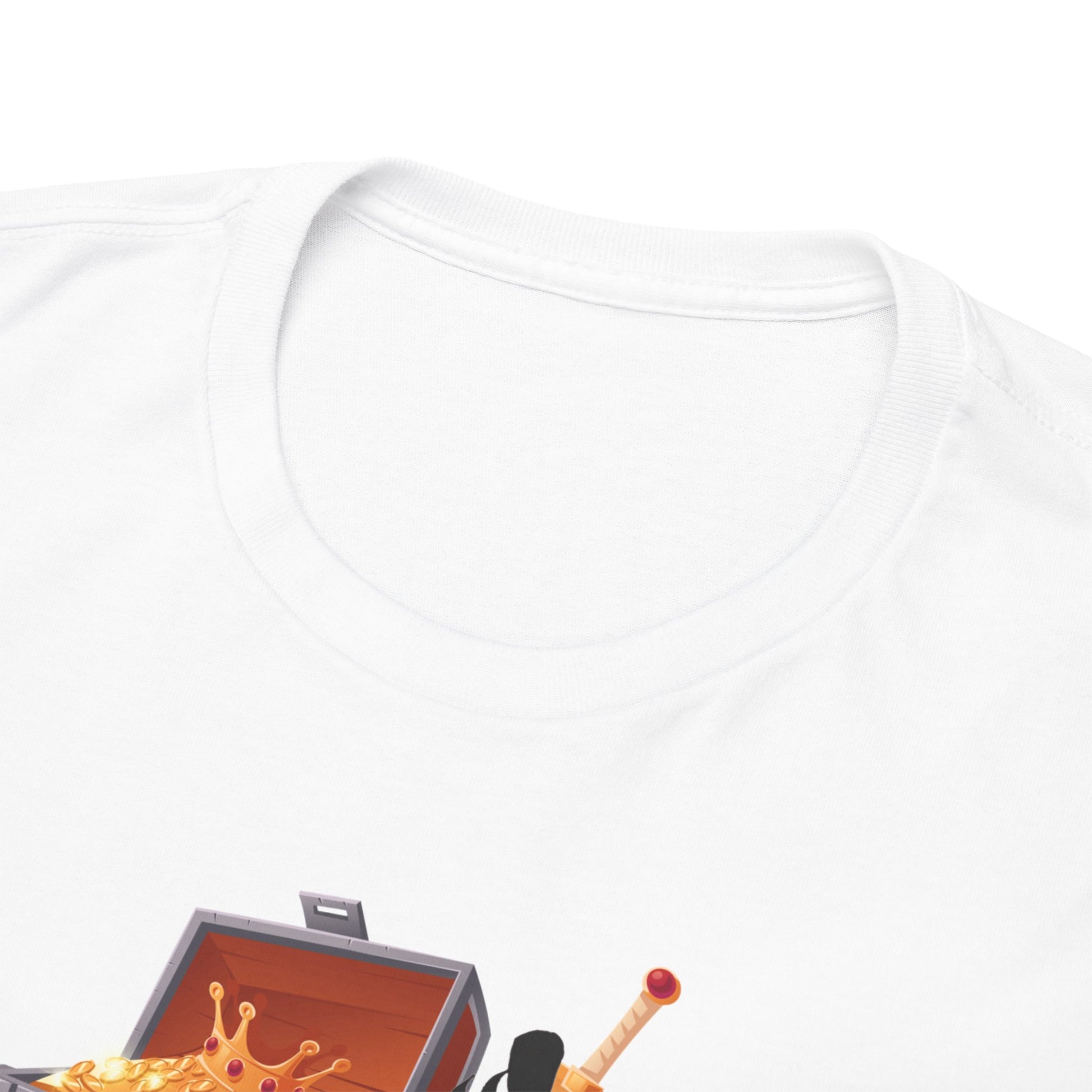 Close-up of a white T-shirt collar, emphasising the premium fabric quality, adorned with an artistic design of a treasure chest and anime elements, conveying luxury and comfort.