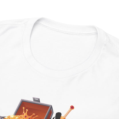 Close-up of a white T-shirt collar, emphasising the premium fabric quality, adorned with an artistic design of a treasure chest and anime elements, conveying luxury and comfort.