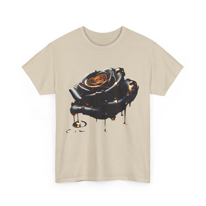 Close-Up Abstract Rose Unisex Cotton Tee Graphic T Shirt featuring a stunning artistic rose design with flowing molten elements against a light background, perfect for luxury casual wear.