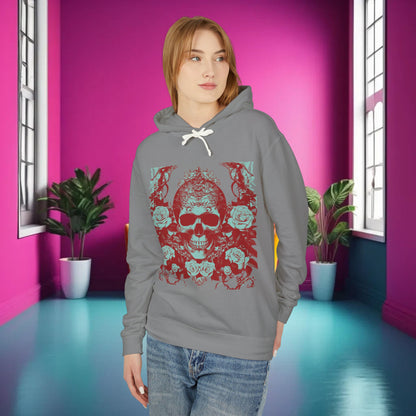 Model wearing the Skull and Roses Lightweight Hoodie in grey, showcasing an edgy design with skulls and roses in a vibrant artistic style.