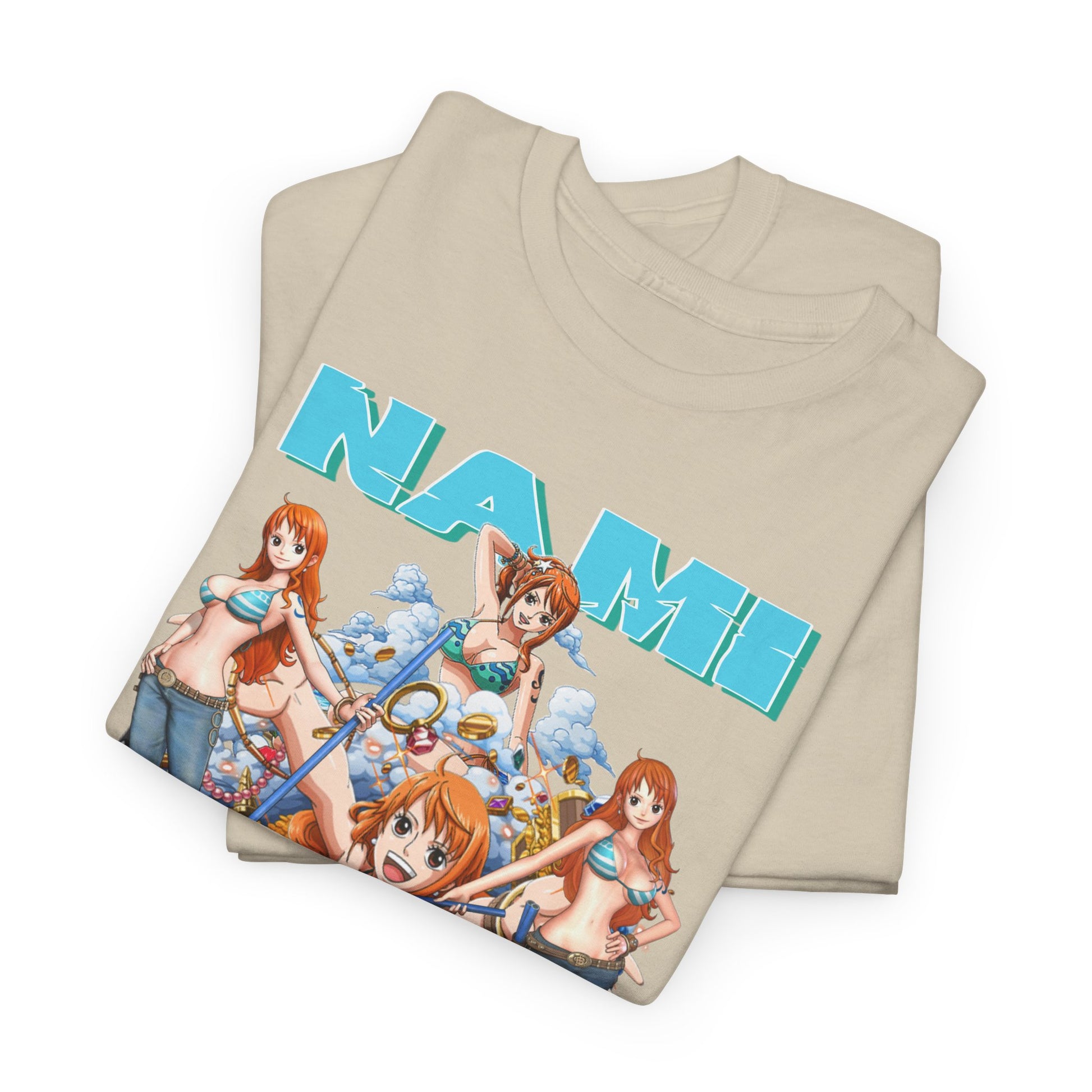 Luxurious Nami graphic t-shirt featuring vibrant anime character designs, displayed in a folded arrangement on a soft beige background.