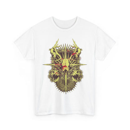 Men's artistic skull t-shirt in white showcasing an intricate celestial design with antlers and a collection of ornate skulls, epitomising a luxurious and unique style.