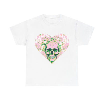 Elegant Skulls and Roses Cotton Tee in pristine white, adorned with a heart-shaped design of skulls and roses, highlighting the unique style of this luxurious graphic shirt.
