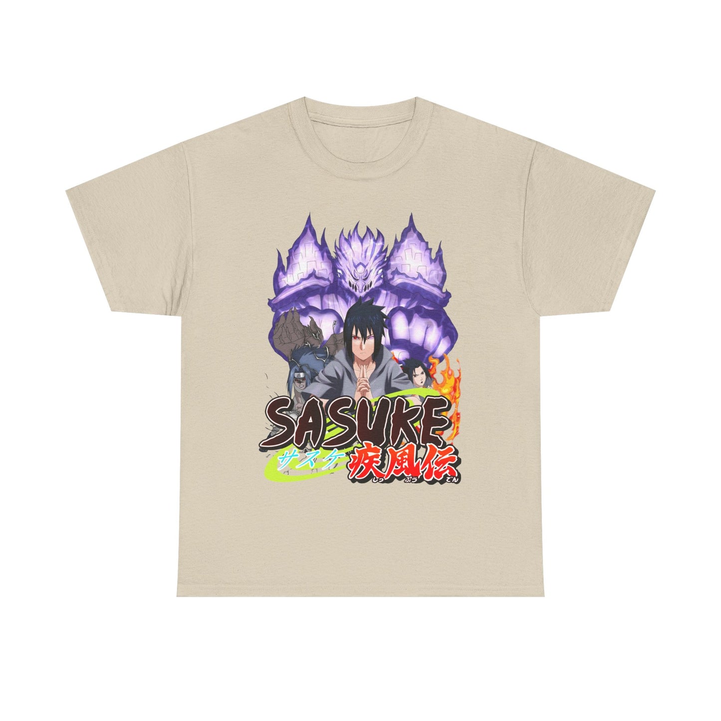 Elegant Sasuke Graphic Tee featuring a vibrant design of the character, set against a soft beige backdrop, adorned with Japanese characters.
