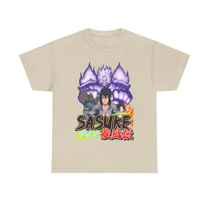 Elegant Sasuke Graphic Tee featuring a vibrant design of the character, set against a soft beige backdrop, adorned with Japanese characters.