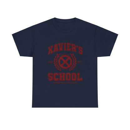 Xavier's School for Gifted Youngsters X-Men Logo Graphic Unisex Tee Shirt in navy blue, showcasing a bold design that embodies the spirit of luxury and nostalgia.