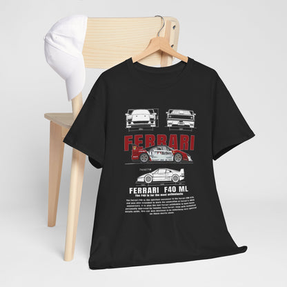 Elegant T-Shirt Ferrari F40 Marlboro Graphic Design Tee hanging on a wooden hanger, featuring precise technical illustrations of the Ferrari F40, ideal for passionate car lovers.