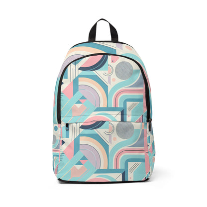 Elegant Geometric Pastel Backpack by Dazzling Dreams Studio showcasing bold patterns with refreshing pastel colours like pink, blue, green, and lavender.