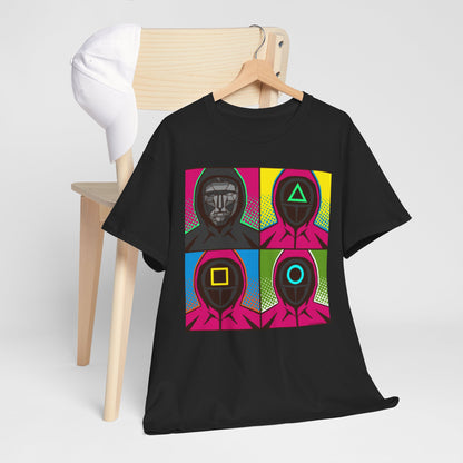 Luxurious Squid Game Pop Art Unisex T-Shirt featuring iconic masked guards in a vibrant, comic-style design, perfect for fans of the hit show.