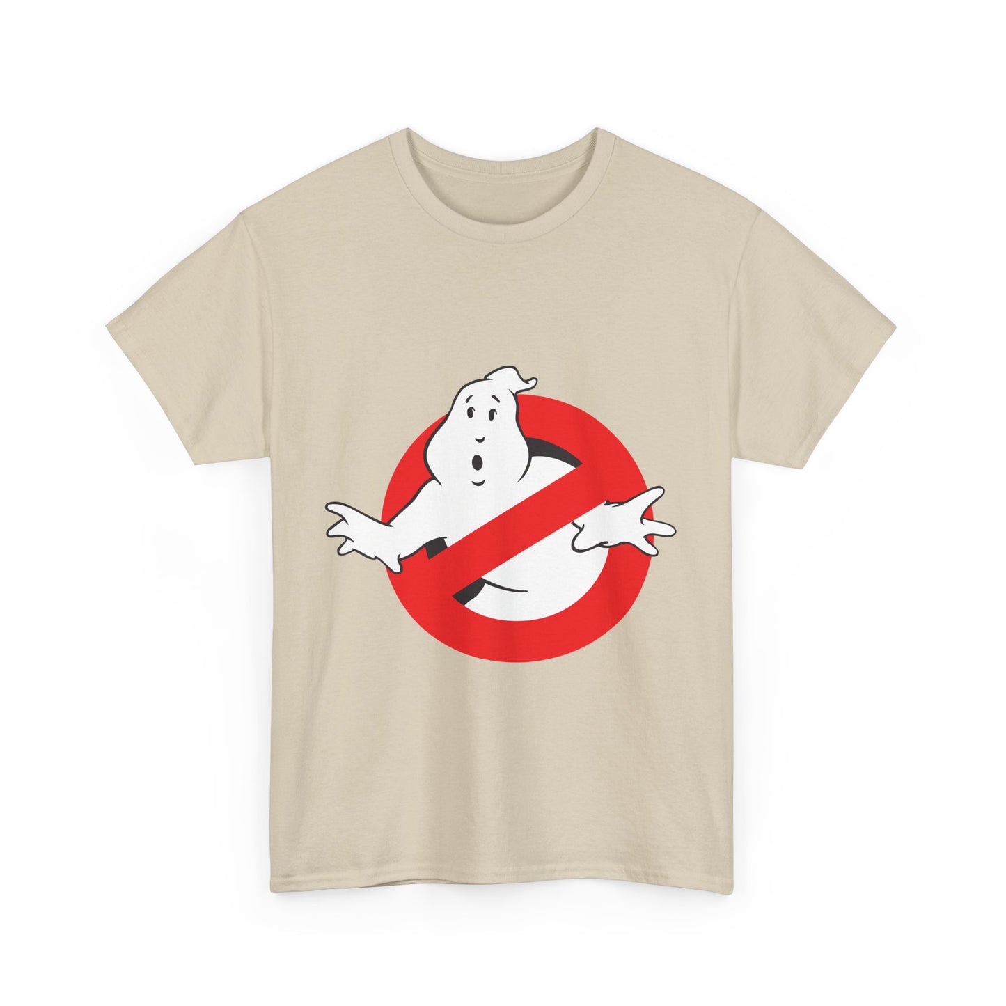 Stylish beige t-shirt featuring the iconic Ghostbusters logo, a sophisticated take on pop culture fashion.