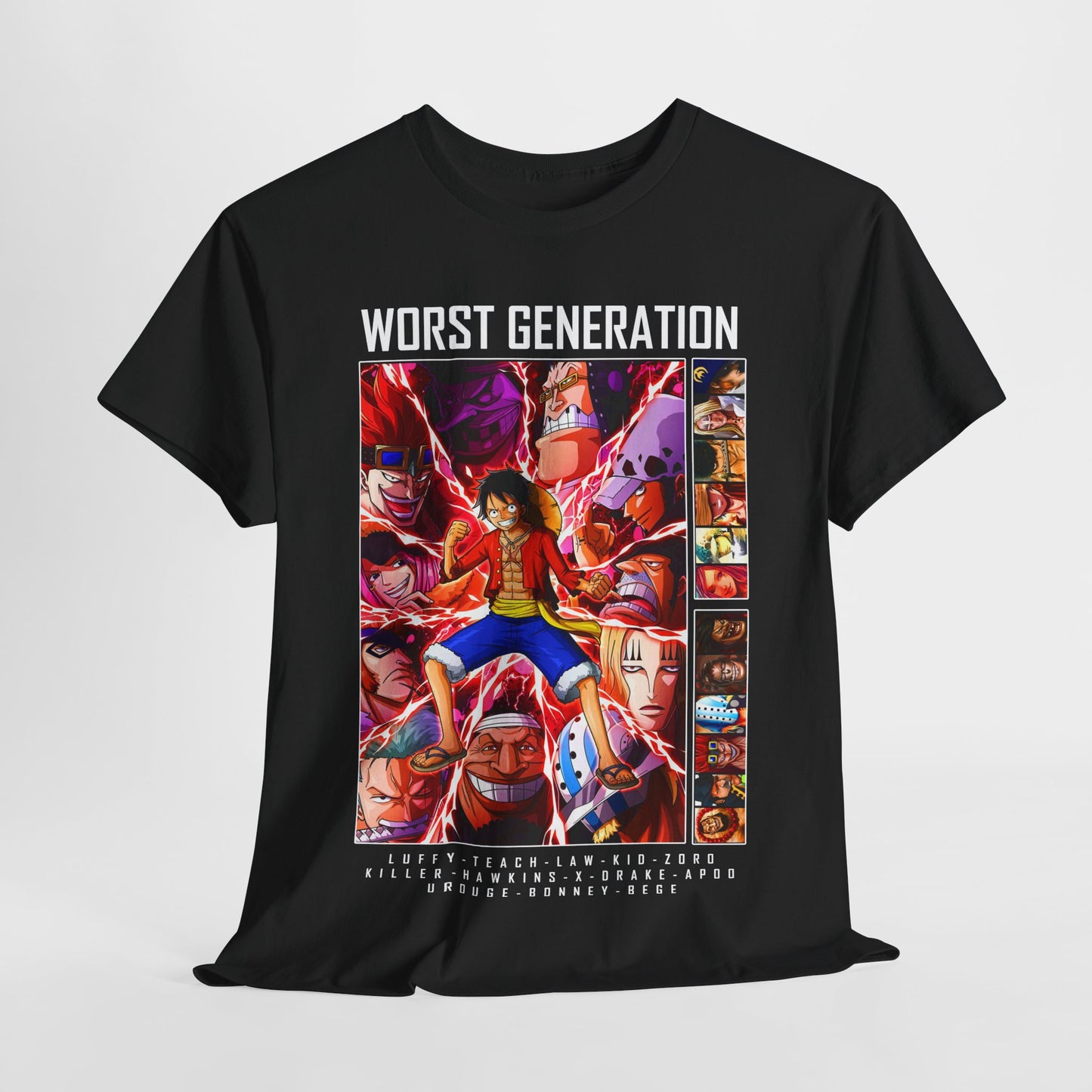 Luxurious black men's T-shirt featuring vibrant artwork of iconic anime characters from the 'Worst Generation', highlighting Monkey D. Luffy amidst a dynamic graphic design.