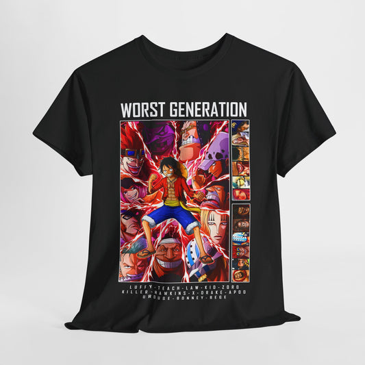 Luxurious black men's T-shirt featuring vibrant artwork of iconic anime characters from the 'Worst Generation', highlighting Monkey D. Luffy amidst a dynamic graphic design.