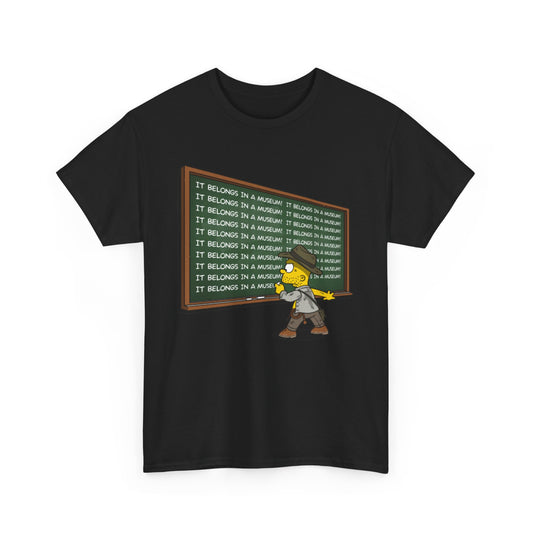 Bart Simpson Indiana Jones Unisex Men Women Graphic Funny T Shirt Tee Urban featuring Bart Simpson at a chalkboard, enthusiastically writing 'IT BELONGS IN A MUSEUM!' in a stylish and humorous design.