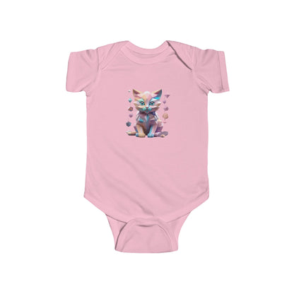 Charming Kitten Bodysuit for infants, featuring a whimsical geometric kitten design, set on a soft pink background, blending luxury and cuteness in stylish baby clothes.