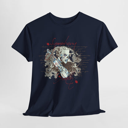 Sleek navy t-shirt elegantly displayed, featuring a striking Baroque skull character and violin artwork, adorned with artistic floral elements and text, ideal for a chic and artistic wardrobe.