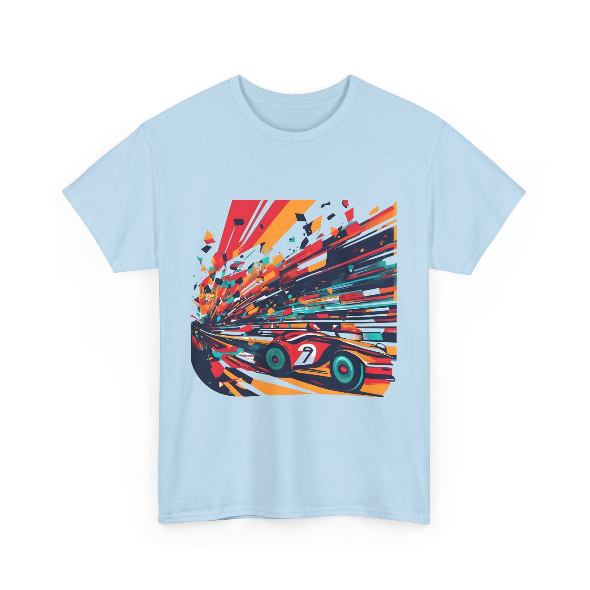 Front view of the Retro Racing Vintage Car Graphic T-Shirt, featuring a vibrant vintage racing car graphic in striking colours, crafted for the sophisticated streetwear enthusiast.