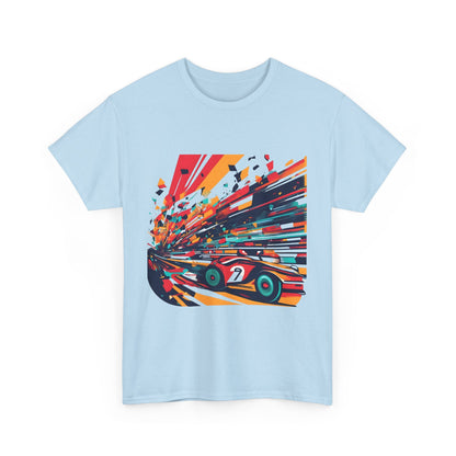 Front view of the Retro Racing Vintage Car Graphic T-Shirt, featuring a vibrant vintage racing car graphic in striking colours, crafted for the sophisticated streetwear enthusiast.