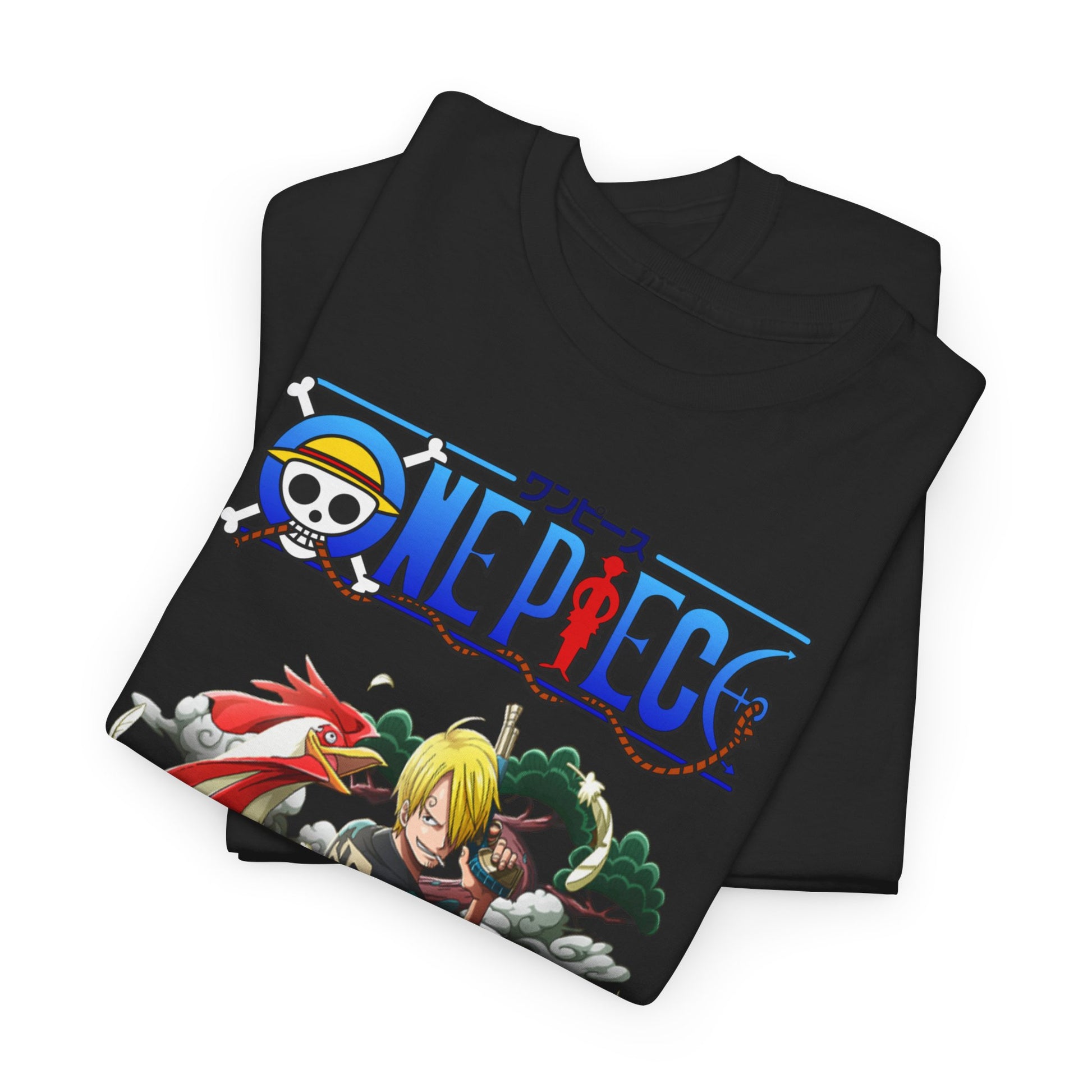 Luxurious men's t-shirt showcasing a vibrant Sanji design from One Piece, featuring striking graphics in bold colours on a classic black background.