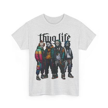 Luxury Thug Life Horror Characters Graphic T-Shirt in light grey, showcasing famous horror icons reimagined in chic urban fashion.