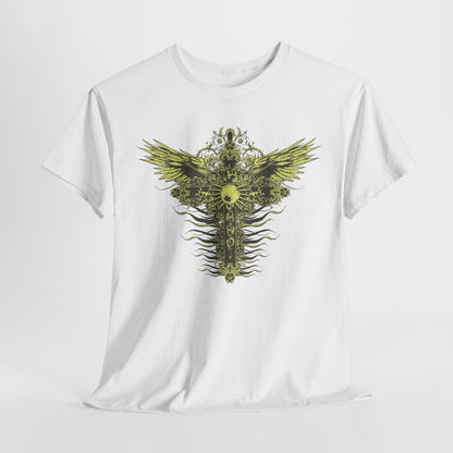 Luxury men's t-shirt featuring an ornate graphic design with a decorative cross and stylized wings in luminous yellow-gold against a white background, embodying artistry and elegance.