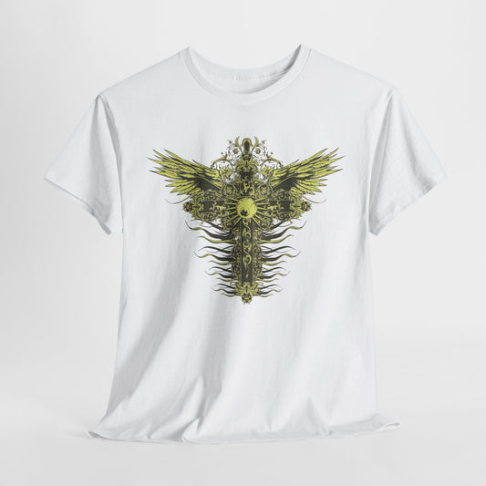 Luxury men's t-shirt featuring an ornate graphic design with a decorative cross and stylized wings in luminous yellow-gold against a white background, embodying artistry and elegance.
