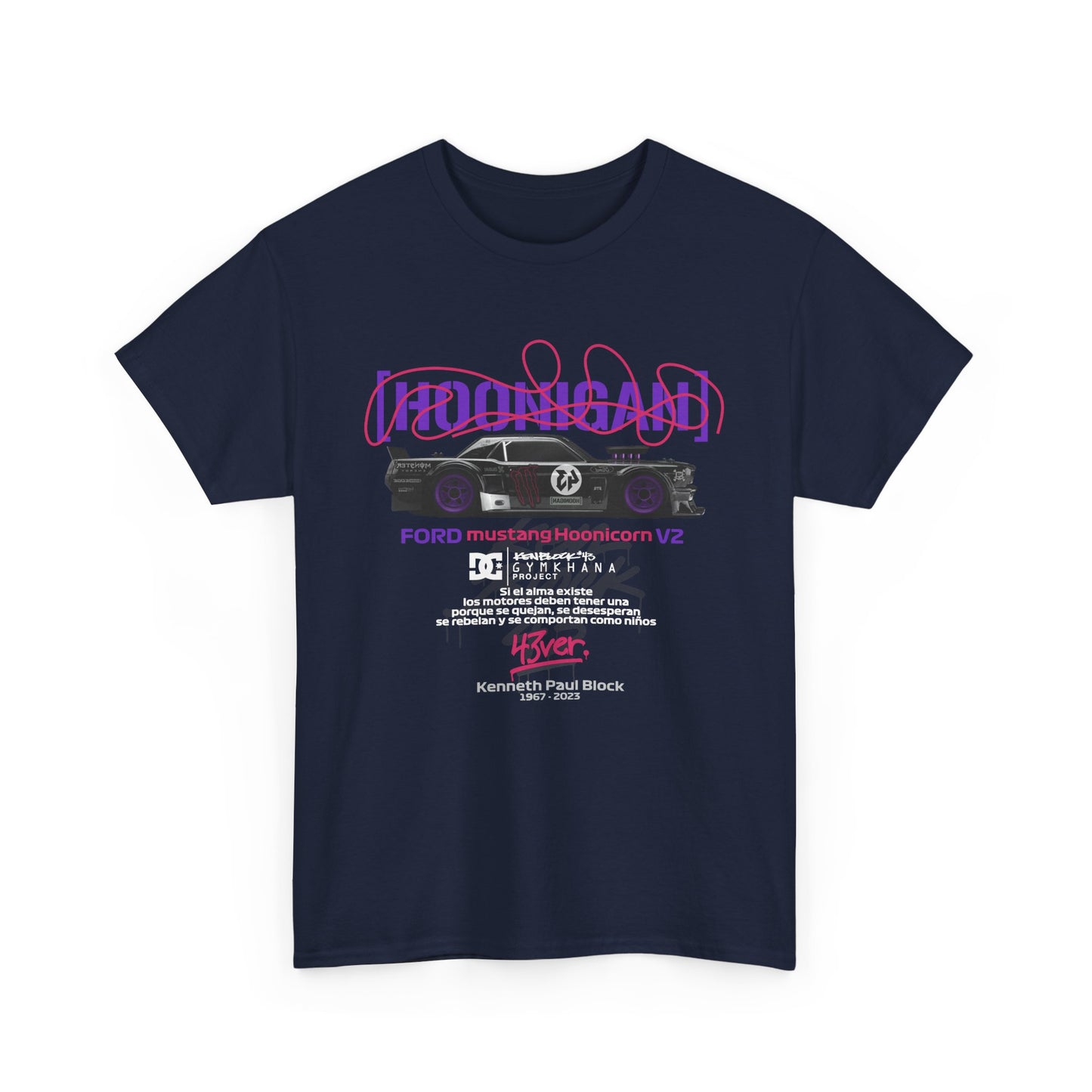 Ford Mustang Hoonicon V2 Graphic Tee showcasing a stylish design, featuring bold typography and an exquisite stylized image of the iconic car. Perfect for motorsport enthusiasts and fashion aficionados.