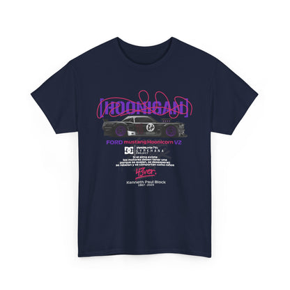 Ford Mustang Hoonicon V2 Graphic Tee showcasing a stylish design, featuring bold typography and an exquisite stylized image of the iconic car. Perfect for motorsport enthusiasts and fashion aficionados.