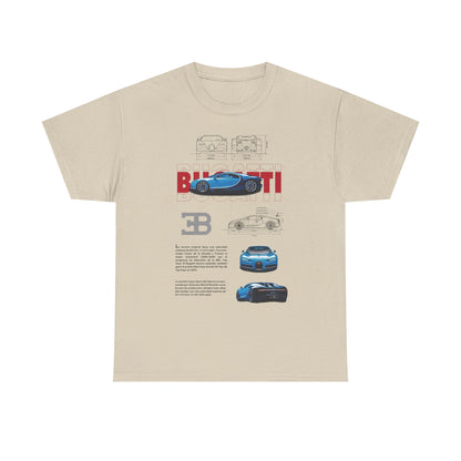 Stylish Bugatti Chiron Men's T-Shirt in beige, displaying detailed illustrations and stats of the Bugatti supercar, representing a perfect blend of fashion and automotive passion.