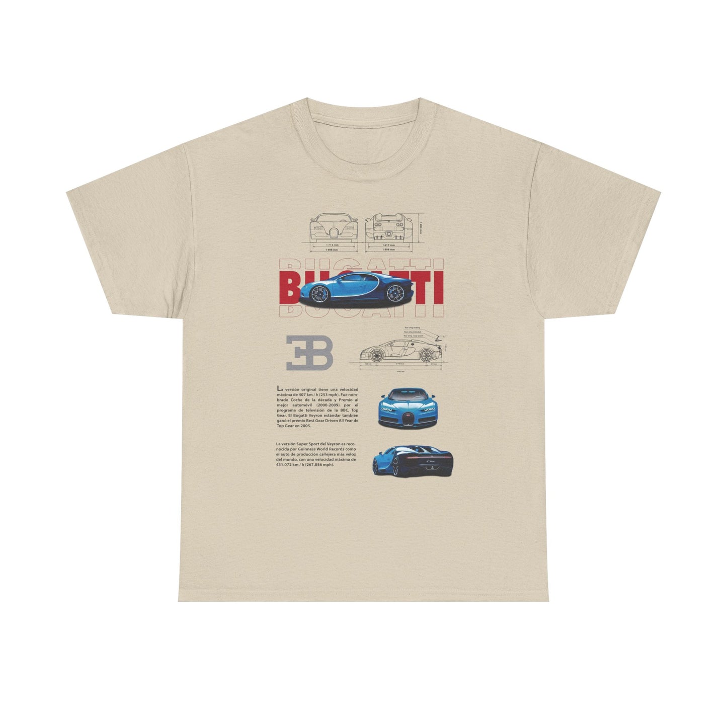 Luxury beige Bugatti Chiron men's t-shirt featuring a detailed graphic design with the iconic Bugatti logo and technical drawings of the supercar.