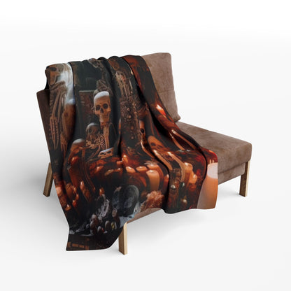 Decorative and Warm Halloween Spooky Arctic Fleece Blanket draped over a stylish chair, adding an inviting touch to any Halloween-inspired decor.