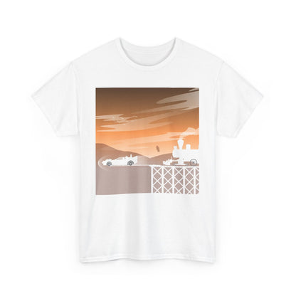 Back To The Future Funny Gift Mens Womens Graphic T-Shirt featuring a silhouette of a futuristic car and steam train against a vibrant sunset backdrop, embodying the spirit of adventure and time travel.