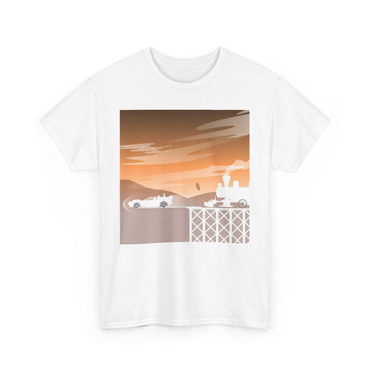 Back To The Future Funny Gift Mens Womens Graphic T-Shirt featuring a silhouette of a futuristic car and steam train against a vibrant sunset backdrop, embodying the spirit of adventure and time travel.