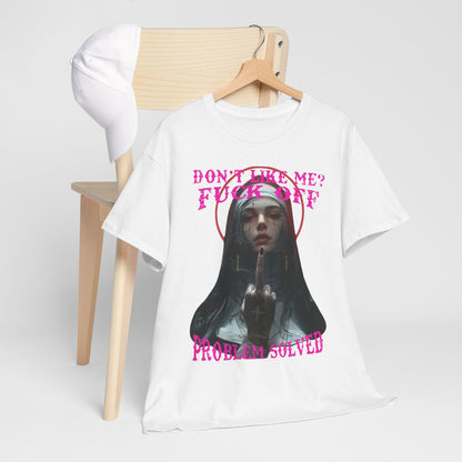 Fashionable men's t-shirt on a wooden chair, showcasing a striking nun graphic with tattoos and vibrant pink text that reads 'DON'T LIKE ME? FUCK OFF'.