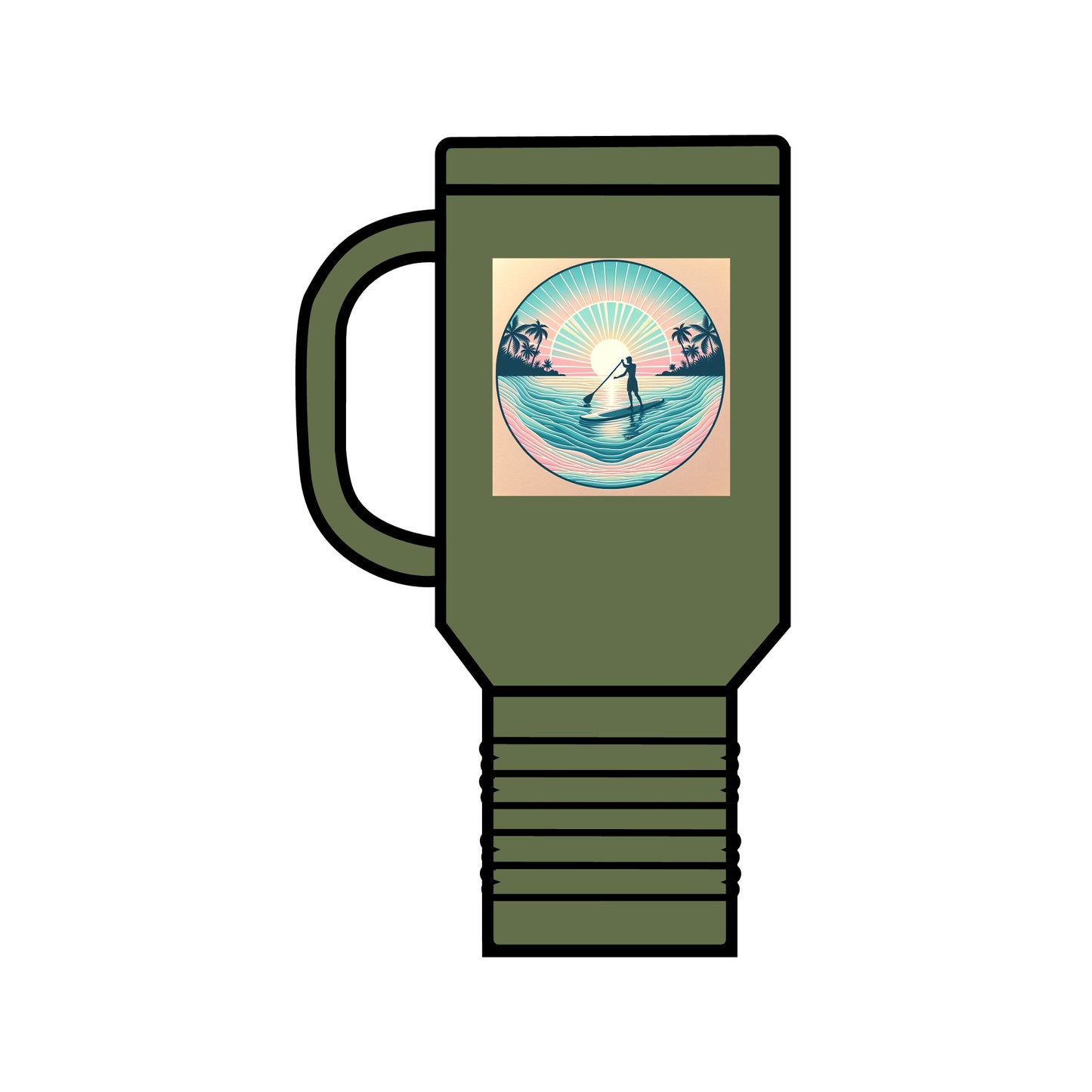 Fantasy Paddleboarding Insulated Travel Mug 40oz in olive green, crafted with premium stainless steel, showcasing a beautiful paddleboarding illustration, perfect for stylish and durable hydration.