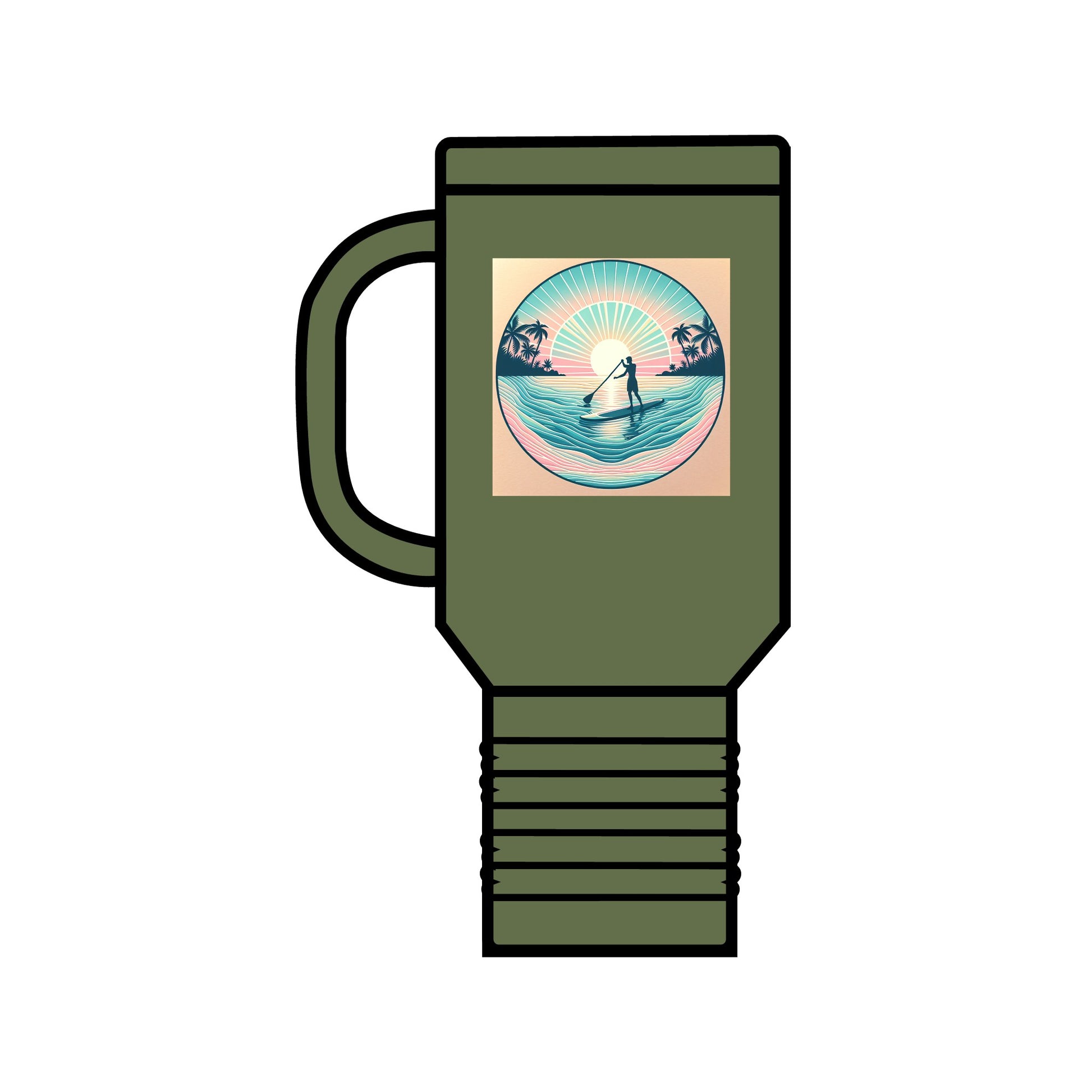 Fantasy Paddleboarding Insulated Travel Mug 40oz in olive green, crafted with premium stainless steel, showcasing a beautiful paddleboarding illustration, perfect for stylish and durable hydration.