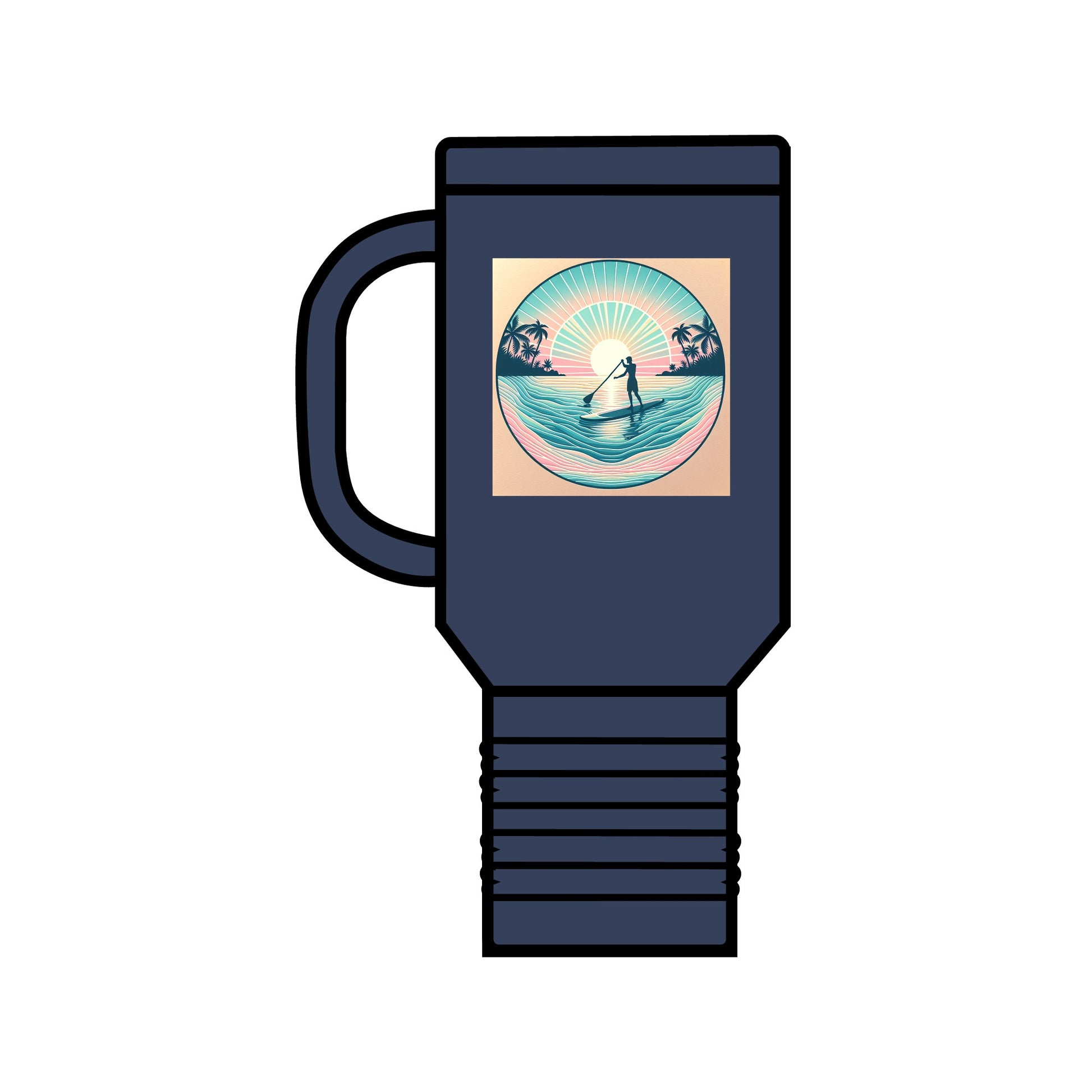 Fantasy Paddleboarding Insulated Travel Mug 40oz in navy blue, featuring premium stainless steel construction, ergonomic design, and a stunning paddleboarding graphic, designed for luxury hydration on the go.