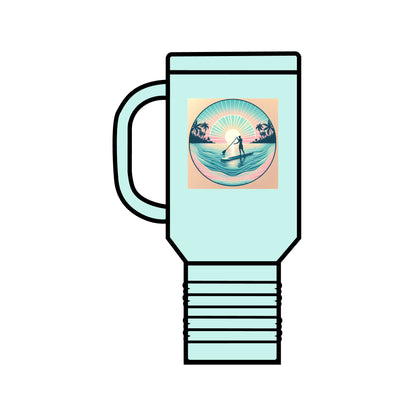 Fantasy Paddleboarding Insulated Travel Mug 40oz featuring a beautifully illustrated design of a paddleboarder against a sunset backdrop, crafted from premium stainless steel with an ergonomic handle and spill-proof lid, ideal for luxury hydration on the go.