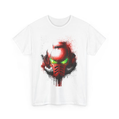 Chic unisex t-shirt with a captivating close-up of a red and green helmet design, highlighted against a pristine white backdrop, portraying an avant-garde aesthetic.