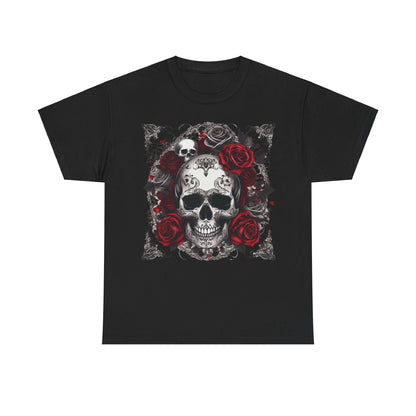 Elegant black Skulls and Roses Cotton Tee showcasing an intricate skull design surrounded by luxurious red roses, ideal for those seeking a unique fashion statement.