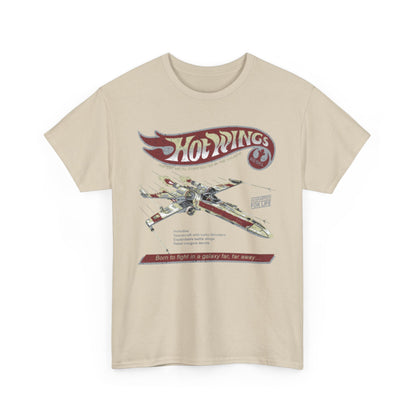 Sophisticated Hot Wings Starfighter T-shirt displaying a high-quality print of a classic galactic starfighter, a must-have for those who appreciate bold vintage fashion.